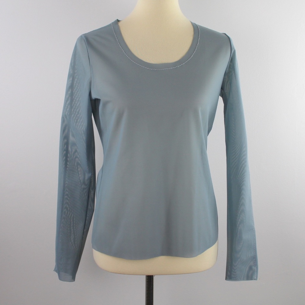 La Perla Studio Aqua Blue Sheer Mesh Long Sleeve Scoop Neckline Top 3 M 10